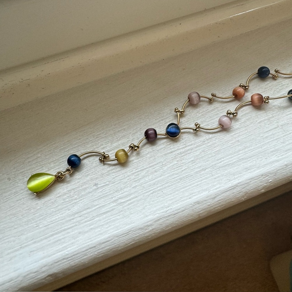 Delicate 18" Monet gold tone Y necklace multicolored beads & unique link design